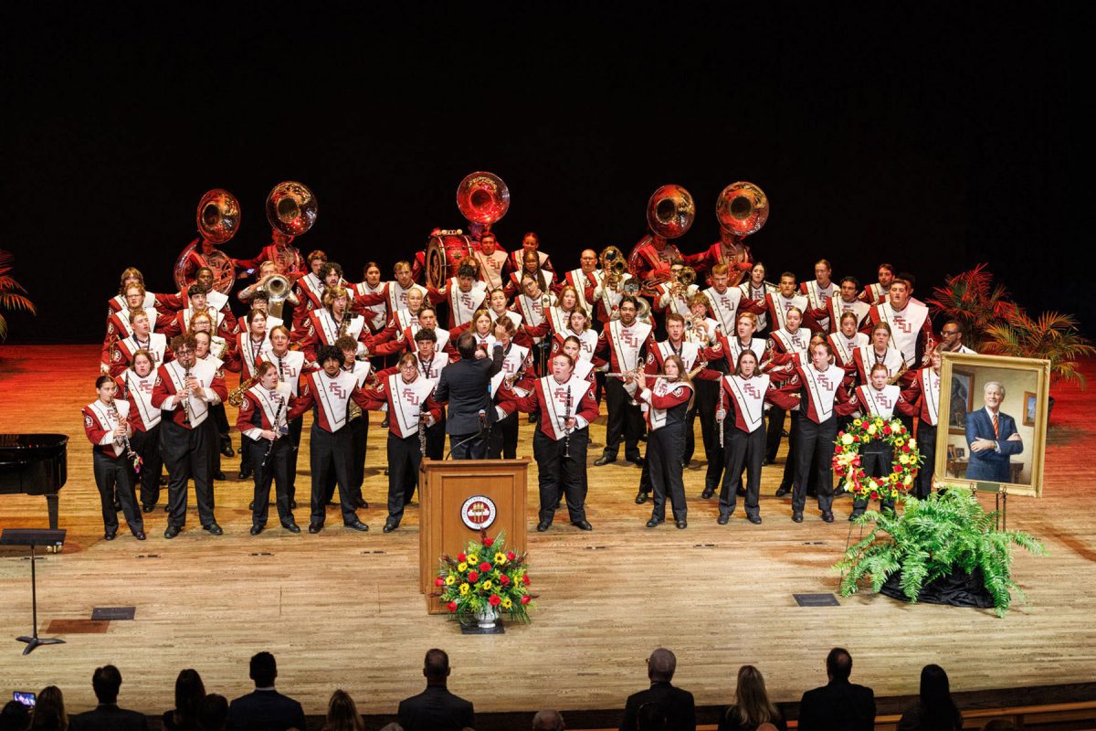 The Marching Chiefs perform during a Celebration of Life honoring John Thrasher on Tuesday, Aug. 19, 2025, at Ruby Diamond Concert Hall. (Bill Lax/FSU Photography)