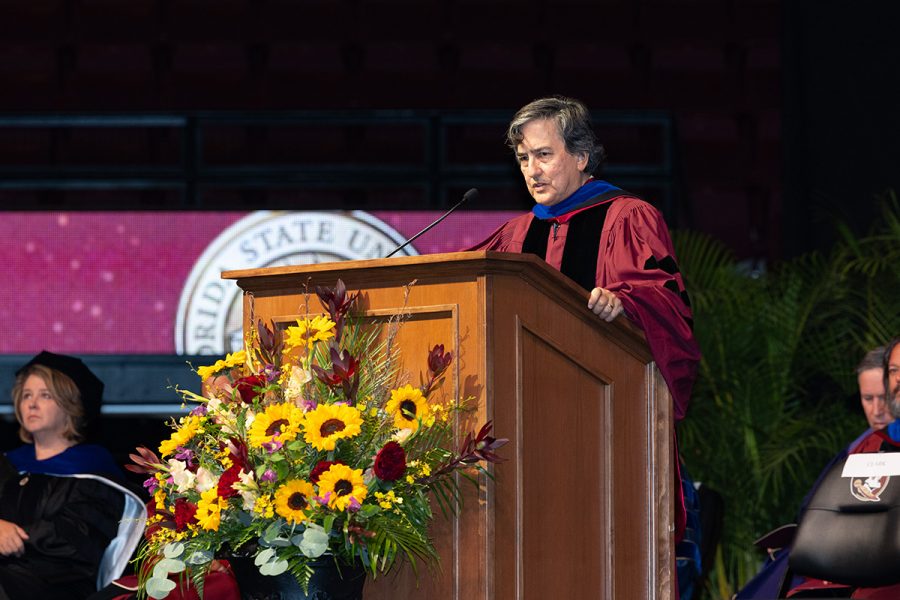 Florida State University Provost and Executive Vice President Jim Clark offers words of encouragement and wisdom as he addresses graduates during the summer 2025 Doctoral Hooding Ceremony, held Friday, Aug. 1, 2025, at the Donald L. Tucker Civic Center. (FSU Photography)