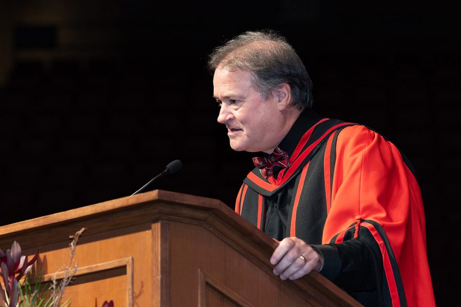 Dean of The Graduate School Mark Riley addresses the audience during one of the summer commencement ceremonies, Friday, Aug. 1, 2025, at the Donald L. Tucker Civic Center. (FSU Photography)