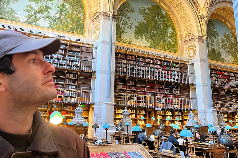 Sam Granoff, a doctoral student in the English Department, visiting the National Library of France (Bibliothéque nationale de France) in Paris. (Sam Granoff)