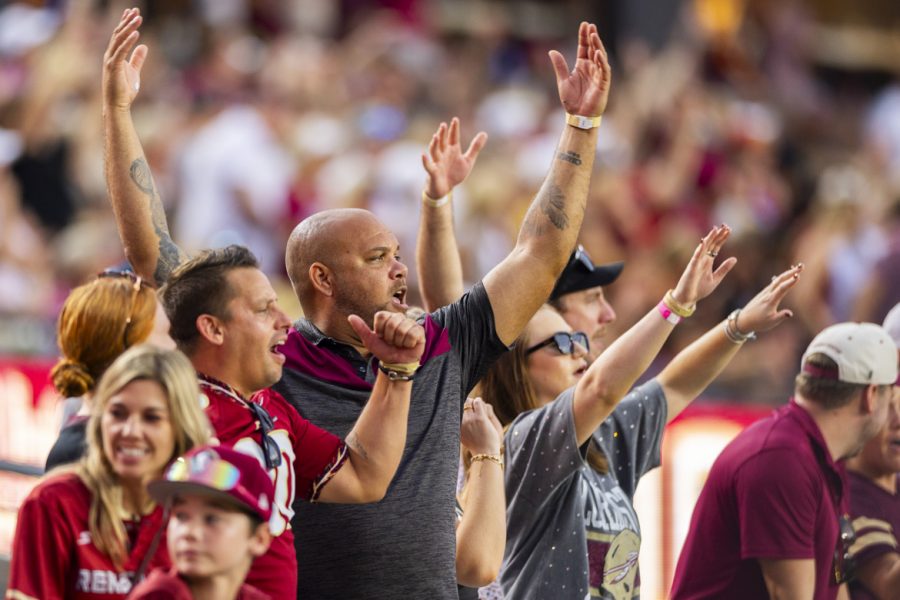 Fans celebrate a touchdown as the Florida State Seminoles defeat the Alabama Crimson Tide 31-17 at Doak Campbell Stadium on August 30, 2025. (Matthew McConnell/Florida State University)