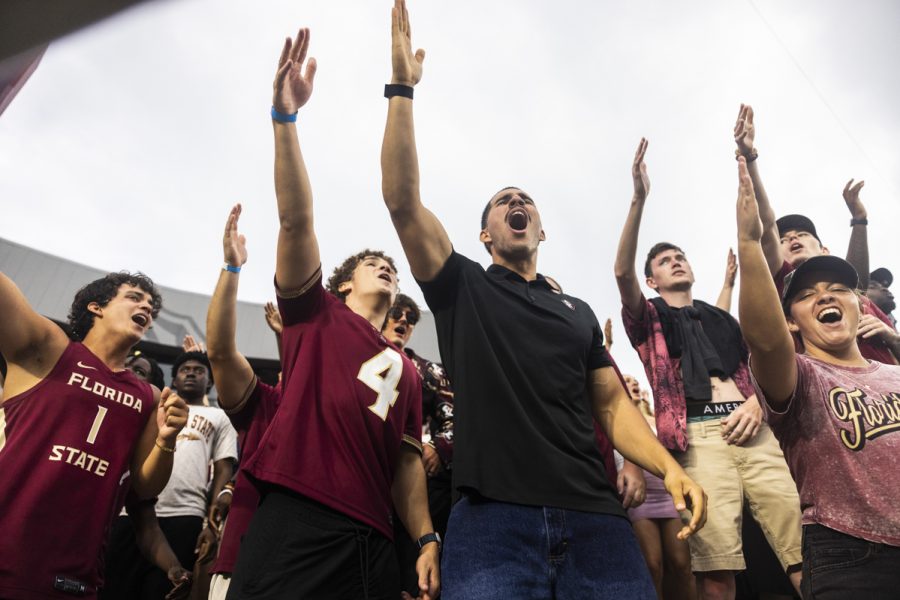 Members of the FSU student section do the war chant as the Florida State Seminoles take on the Alabama Crimson Tide at Doak Campbell Stadium on August 30, 2025. (Matthew McConnell/Florida State University)