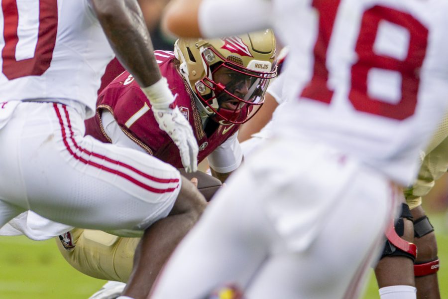 FSU quarterback Tommy Castellanos carries the ball during the Florida State Seminoles 31-17 victory over the Alabama Crimson Tide at Doak Campbell Stadium on August 30, 2025. (Matthew McConnell/Florida State University)