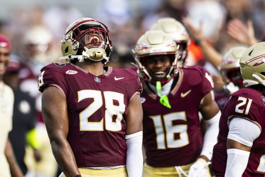 FSU linebacker Justin Cryer celebrates during the Florida State Seminoles win over the Alabama Crimson Tide at Doak Campbell Stadium on August 30, 2025. (Matthew McConnell/Florida State University)