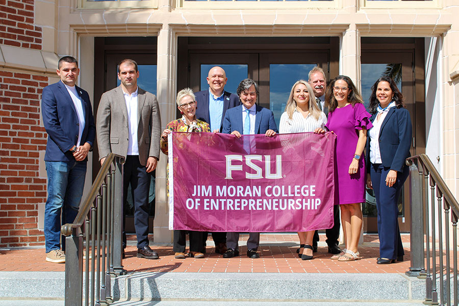 (Left to right) Hayk Bejanjen, Grisha Amirkhanayn, Dean Susan Fiorito of the Jim Moran College of Entrepreneurship, Jim Moran Professor of Entrepreneurship Eric Ligouri, FSU Provost James Clark, Lusine Danielyan, ASUE's director of Internationalization, Development and Partnerships at ASUE; Stephen McDowell, assistant provost for International Initiatives and interim dean of The Graduate School; Susana Santos, Jim Moran Associate Professor of Entrepreneurship; and Vilma Fuentes, program director for FSU’s Ukraine Task Force and associate in research at LSI. (Elliott Finebloom/LSI)