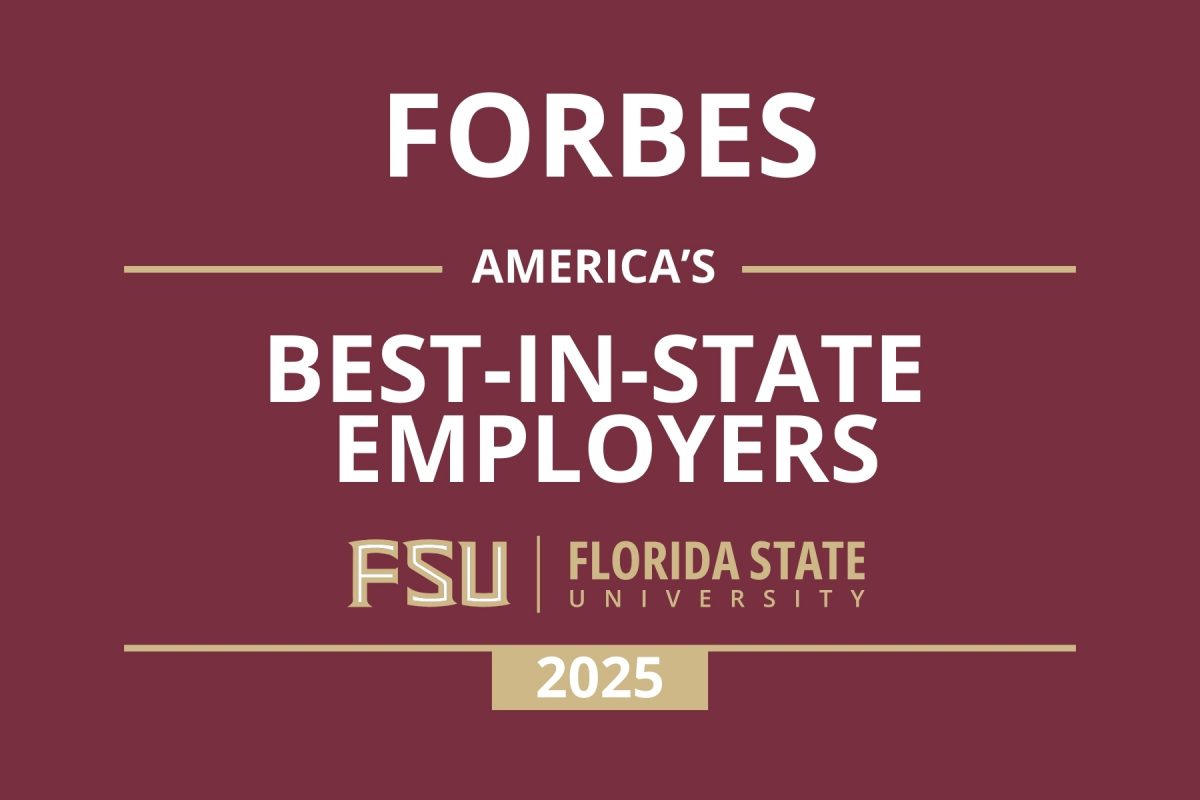 A graphic on a garnet background featuring the Forbes logo and Florida State University branding, announcing FSU as one of "America’s Best-In-State Employers" for 2025.