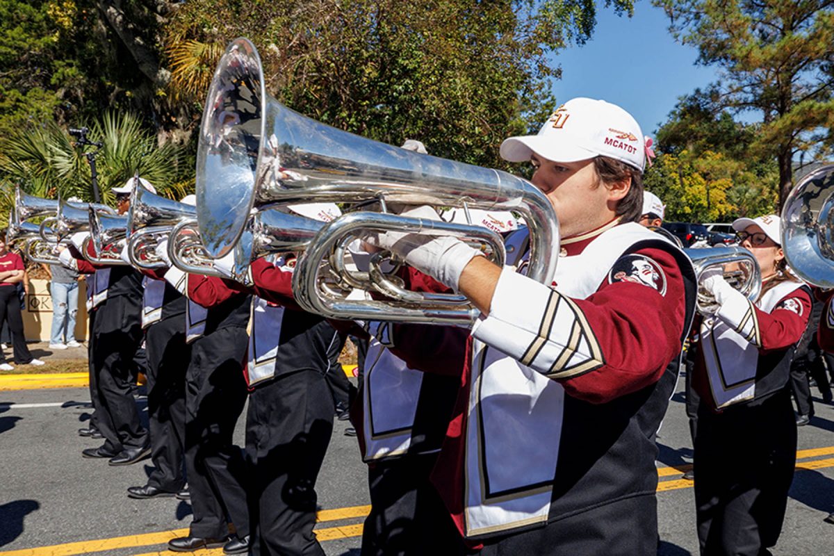 The Marching Chiefs perform in the FSU Homecoming Parade on Oct. 31, 2025. (Bill Lax/FSU Photography)