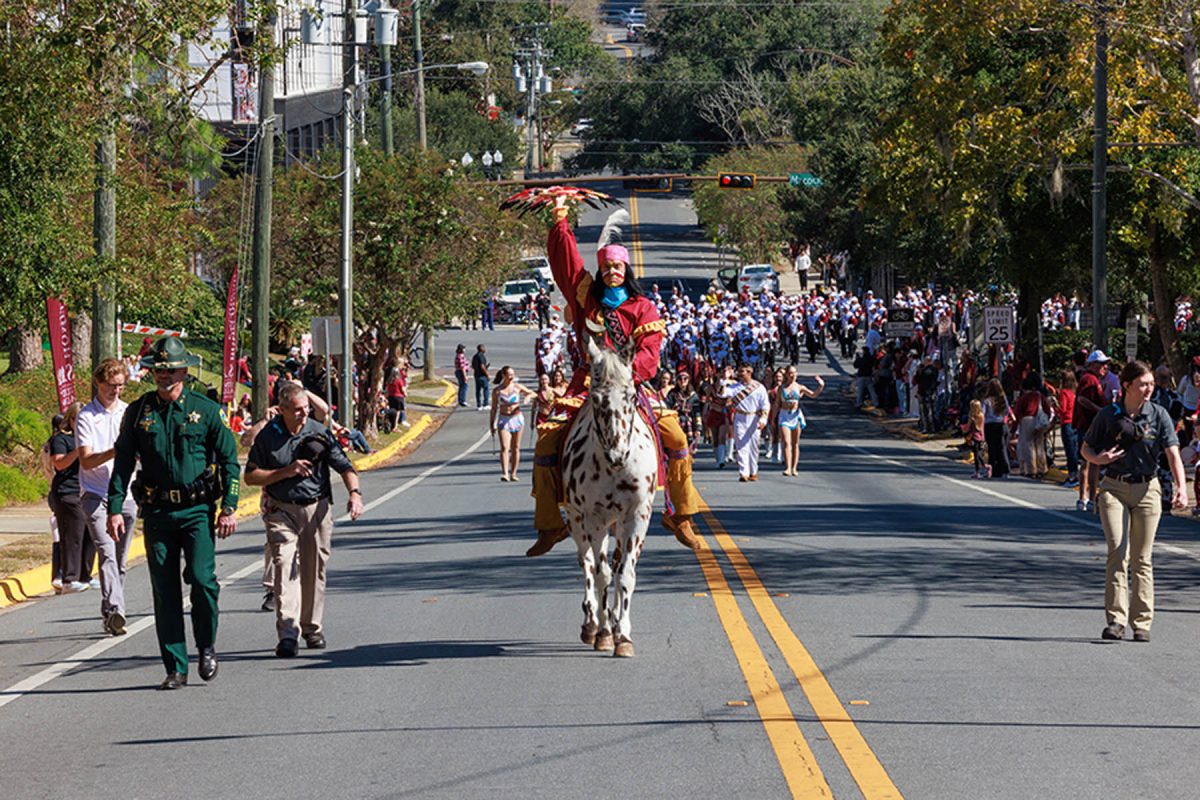 Osceola and Renegade march in the FSU Homecoming Parade on Oct. 31, 2025. (Bill Lax/FSU Photography)