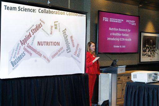 Professor Regan Bailey speaks at the ICON-Health nutrition symposium. (Bill Lax/University Marketing)