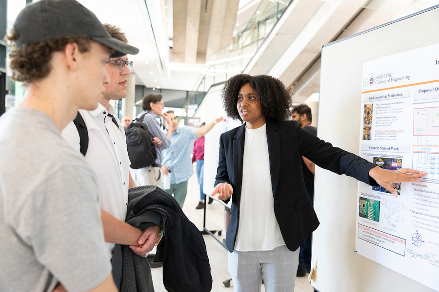 Mia Reynolds, a doctoral student at the FAMU-FSU College of Engineering, speaks about her research to develop a quantum computer emulator. (Scott Holstein/FAMU-FSU College of Engineering)