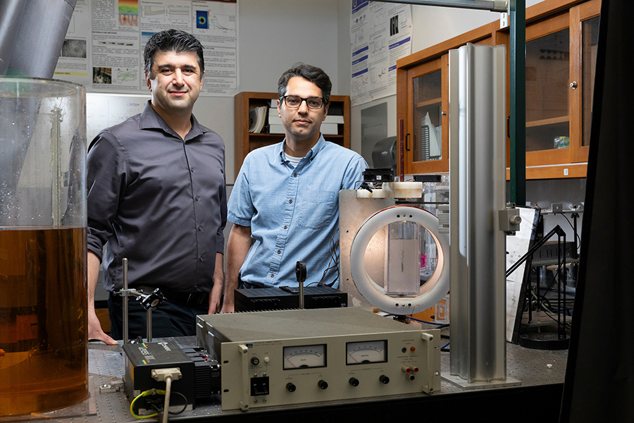 From left, Kourosh Shoele, an associate professor in the Department of Mechanical and Aerospace Engineering, and Hadi Mohammadigoushki, an associate professor in the Department of Chemical and Biomedical Engineering, pose in Mohammadigoushki's lab in the FAMU-FSU College of Engineering. (Scott Holstein/FAMU-FSU College of Engineering)