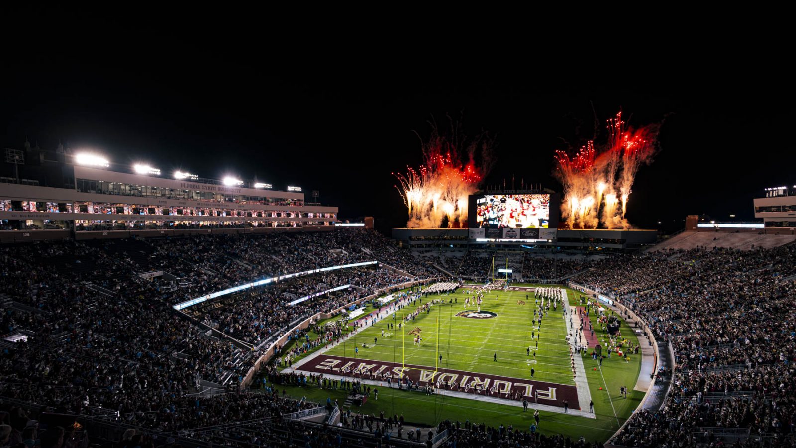 Fireworks go off during team runout at Doak Campbell Stadium