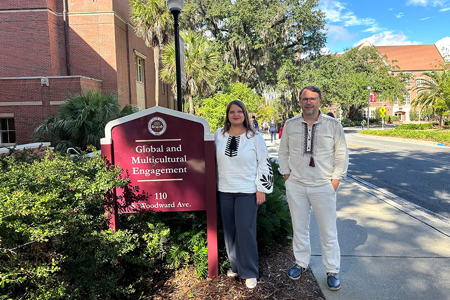 (Left to right) Sofiia Doskich, an assistant professor of geography at Lviv Polytechnic National University, and Kostyantyn Mezentsev, head of the Department of Economic and Social Geography at Taras Shevchenko Kyiv National University, in front of the Global and Multicultural Building on FSU's campus in Tallahassee.