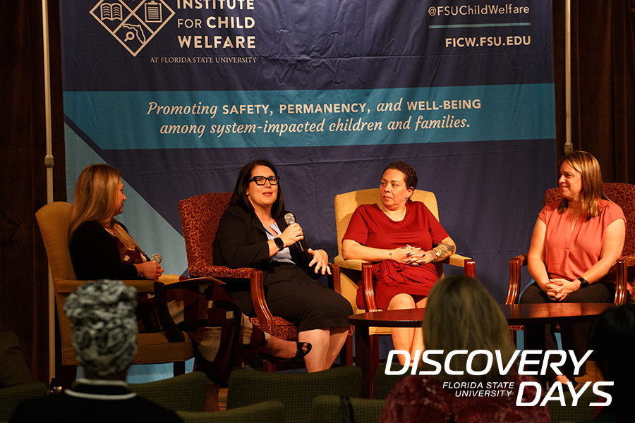 Four people on stage at the Florida Institute for Child Welfare event that was held during FSU Discovery Days.