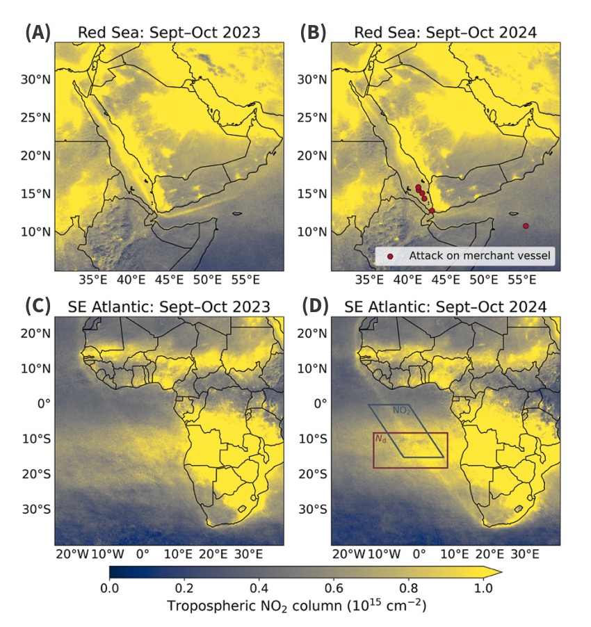 Maps showing the values of nitrogen dioxide (NO2) observed in the troposphere, the lowest layer of Earth's atmosphere, in the Red Sea and the southeast Atlantic Ocean before and after disruptions to international shipping. Red markers in Map B represent locations of attacks on merchant ships during September-October 2024. Boxes in Map D show where researchers measured nitrogen dioxide and cloud droplet concentration to study how changes to shipping fuels affected cloud formation.