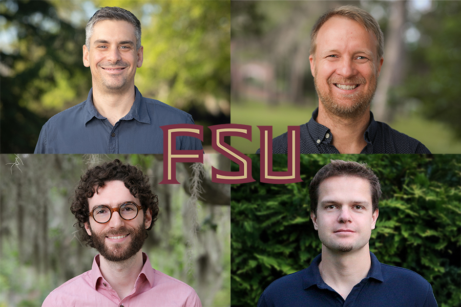 Photo collage of four people each in a corner of the image. A logo that says 