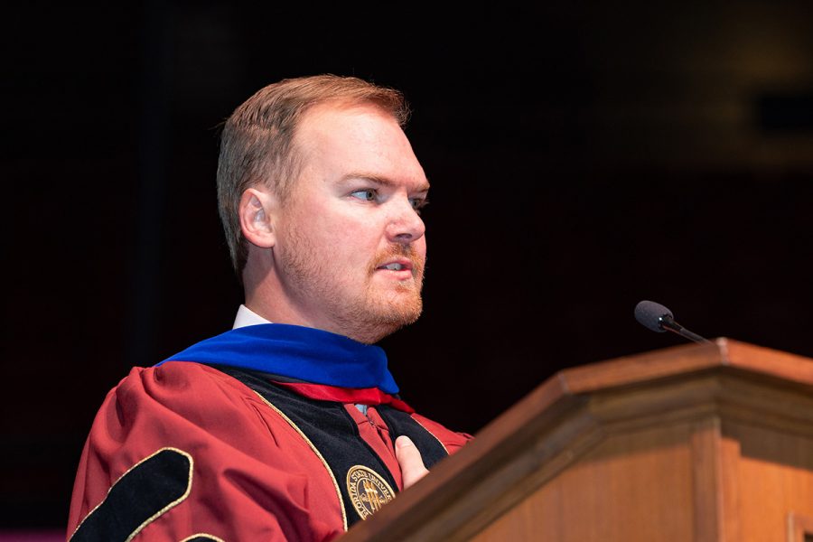 Stephen Mozier, a biomedical sciences doctoral candidate, spoke at the 34th Congress of Graduate Students and led the Pledge of Allegiance. (Bill Lax/ Florida State University)