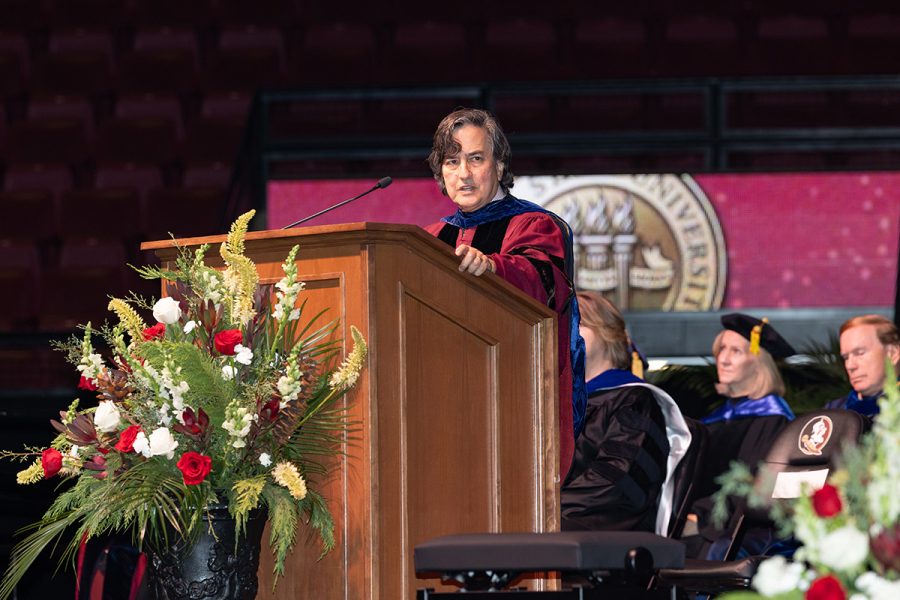 Florida State University Provost and Executive Vice President Jim Clark addresses graduates during the fall 2025 Doctoral Hooding Ceremony, held Friday, Dec. 12, 2025, at the Donald L. Tucker Civic Center. (FSU Photography)