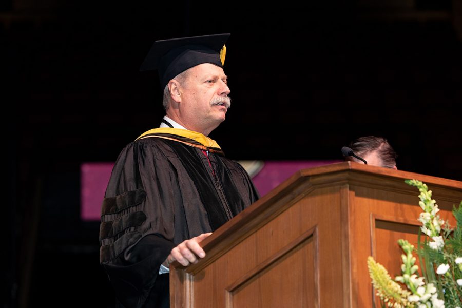 Florida State University Assistant Provost John H. Phipps Professor of Communication Stephen McDowell delivers remarks during the fall commencement ceremony, held Friday, Dec. 12, 2025, at the Donald L. Tucker Civic Center. (Bill Lax/ Florida State University)