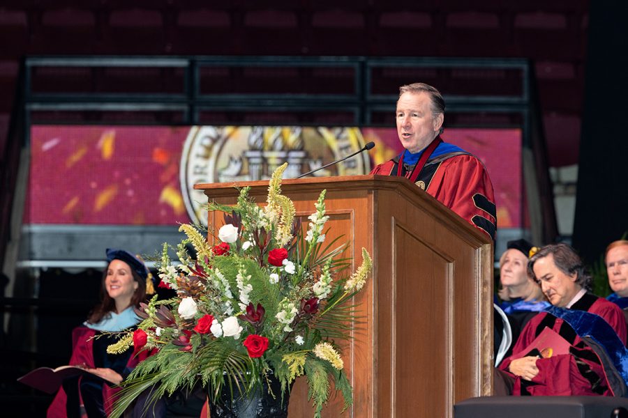 Florida State University President Richard McCullough delivers remarks at the fall 2025 commencement ceremony, held Friday, Dec. 12, 2025, at the Donald L. Tucker Civic Center. (Bill Lax/ Florida State University)