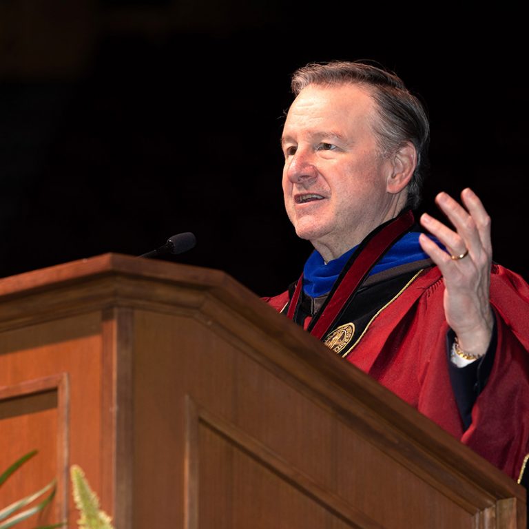 Florida State University President Richard McCullough speaks to graduates during the fall 2025 commencement ceremony, held Friday, Dec. 12, 2025, at the Donald L. Tucker Civic Center. (Bill Lax/ Florida State University)