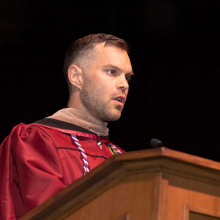A living embodiment of that spirit was graduate Christopher Marley. A former Marine Corps corporal and ICU nurse who served during the COVID-19 pandemic, Marley suffered a major stroke in 2021. (Bill Lax/ Florida State University)