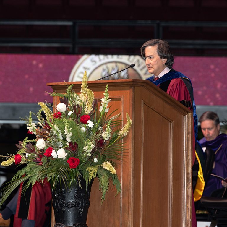 Florida State University Provost and Executive Vice President Jim Clark addresses graduates during the fall 2025 Doctoral Hooding Ceremony, held Friday, Dec. 12, 2025, at the Donald L. Tucker Civic Center. (FSU Photography)