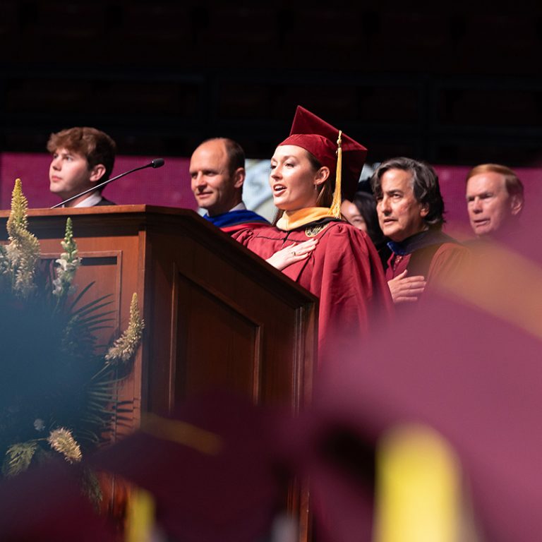 A Florida State University graduate smiles during one of the fall commencement ceremonies Friday, Dec. 12, 2025, at the Donald L. Tucker Civic Center. (Bill Lax/ Florida State University)