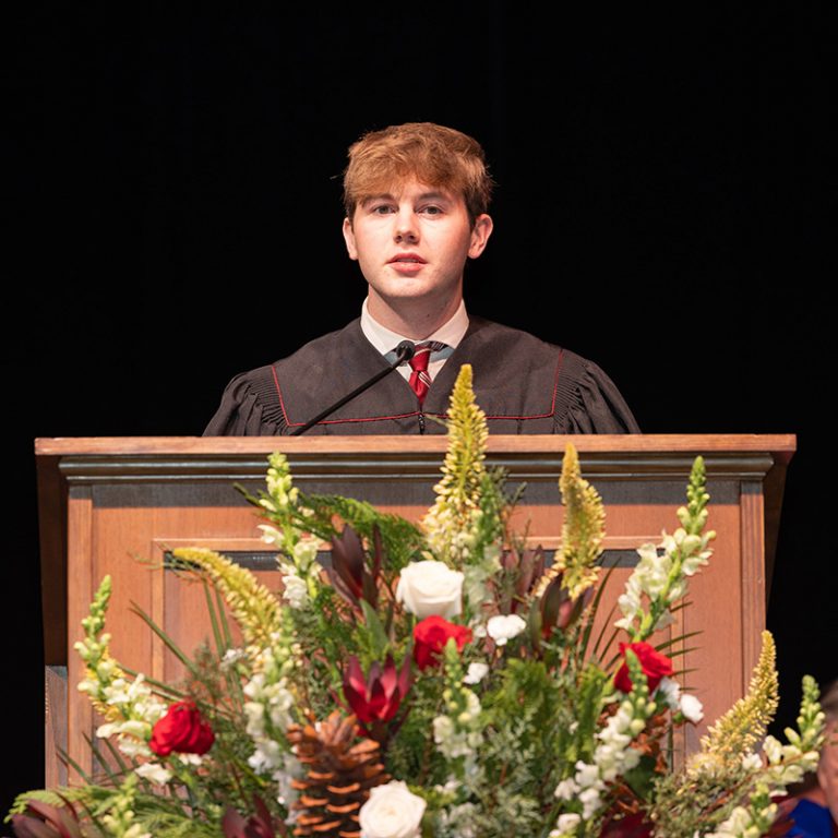 Student Body President and FSU Trustee Carson Dale, delivers remarks at fall commencement Friday, Dec. 12, 2025, at the Donald L. Tucker Civic Center. (Bill Lax/ Florida State University)