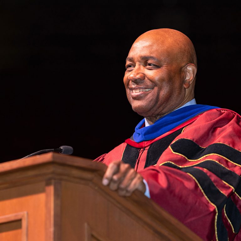 J. Leonard Hamilton, retired head men’s basketball coach at Florida State University, addresses graduates during fall commencement at the Donald L. Tucker Civic Center, Friday, Dec. 12, 2025. (Bill Lax/ Florida State University)