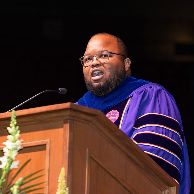 DeOnte Brown, dean of the Division of Undergraduate Studies, delivers remarks at the fall 2025 commencement ceremony, held Friday, Dec. 12, 2025, at the Donald L. Tucker Civic Center. (Bill Lax/ Florida State University)