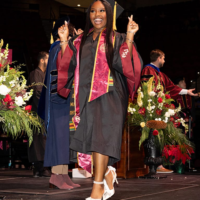 A graduate celebrates during Florida State University’s fall 2025 commencement ceremony, held Friday, Dec. 12, 2025, at the Donald L. Tucker Civic Center. (Bill Lax/ Florida State University)