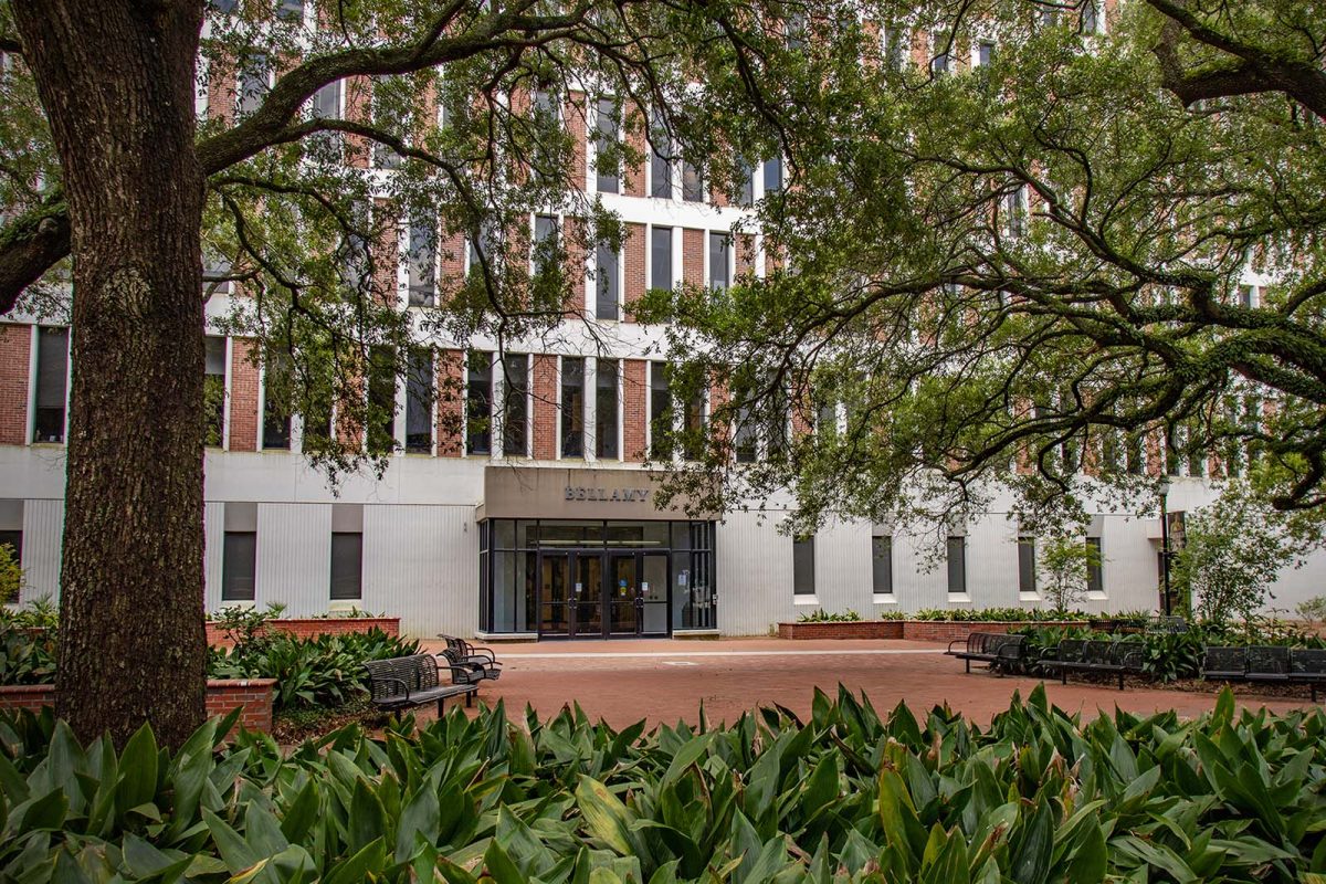Trees surround the Bellamy building on FSU's campus