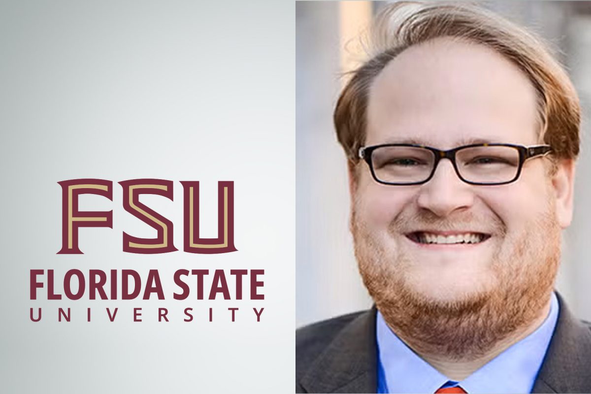 A two-part picture showing the Florida State University logo on the left side and a smiling man on the right side.