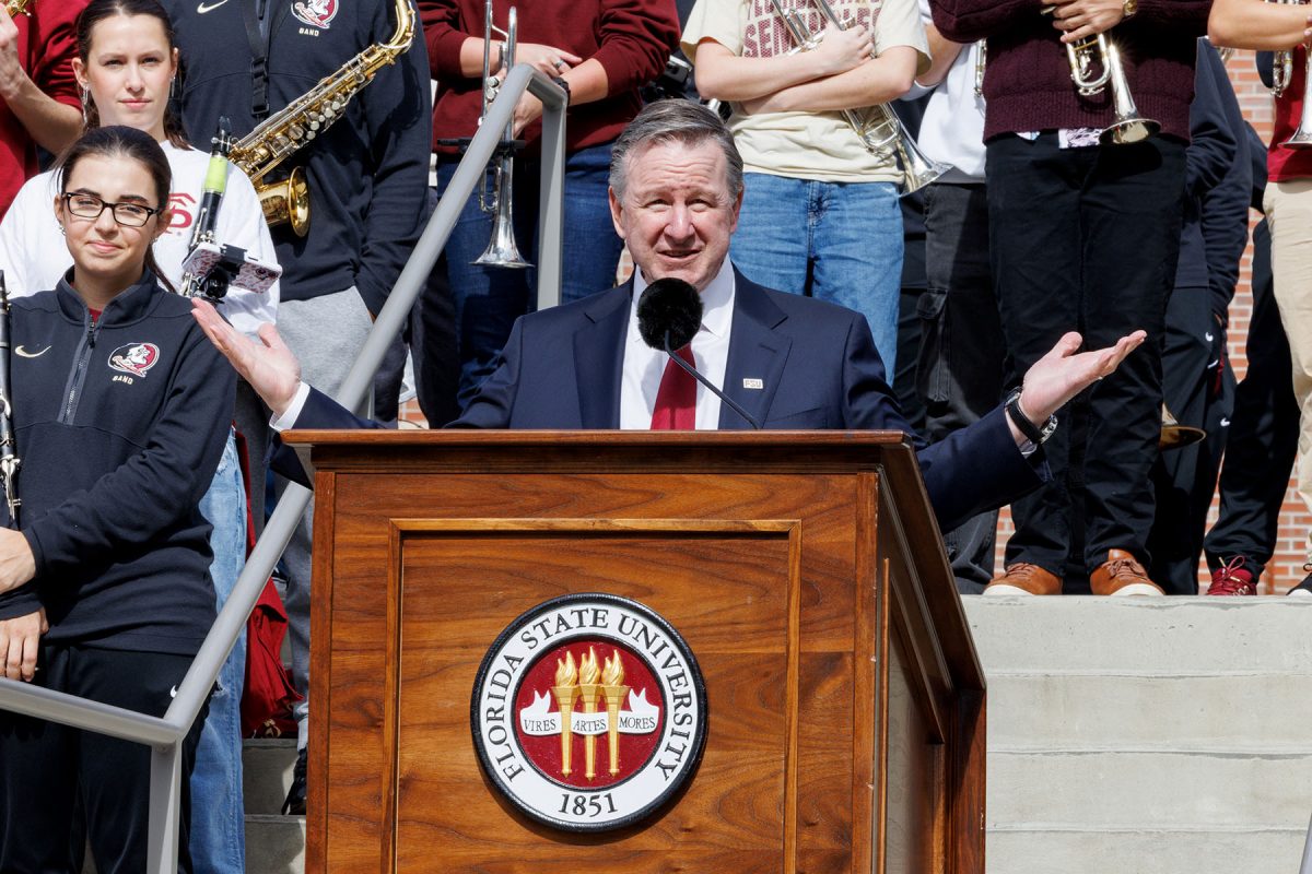 FSU President Richard McCullough delivers remarks during the university’s 175th anniversary celebration on Legacy Walk Jan. 21, 2026. (Bill Lax/Florida State University)