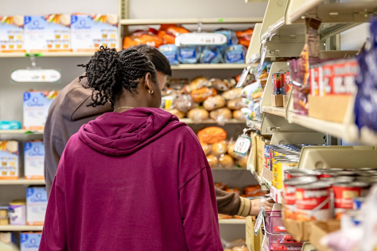 Students browse shelves of food and other products available at the FSU Food for Thought Pantry.