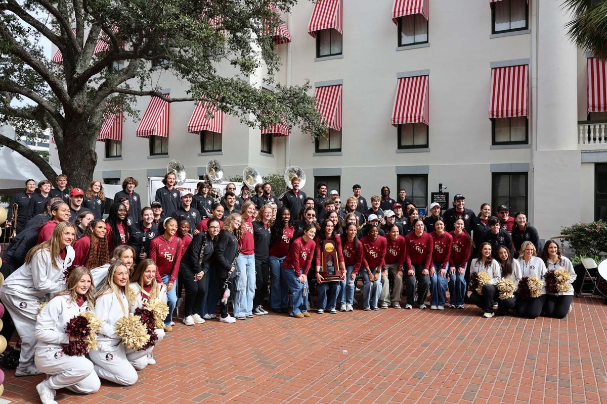 The Seminole Sound pep band, FSU cheerleaders and the FSU Women’s Soccer team during the FSU Day at the Capitol pep rally Jan. 21, 2026. (Casey McCarthy/FSU Photography)