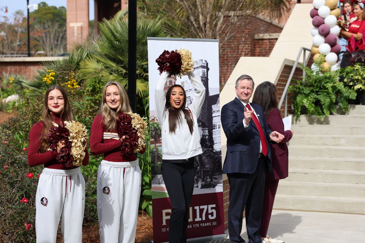 FSU President Richard McCullough celebrates the university’s milestone year with remarks during the 175th anniversary event on Legacy Walk Jan. 21, 2026. (Casey McCarthy/Florida State University)