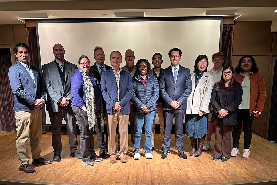 Organizers of the 12th annual SAMCS Conference with the keynote speakers onstage at The Globe Auditorium. (Bhushan Dahal)