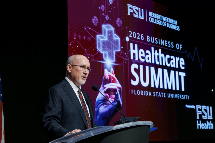 Emcee Michael D. Hartline, dean of the Herbert Wertheim College of Business, speaks during the FSU Business of Healthcare Summit. (Photo by Colin Hackley)