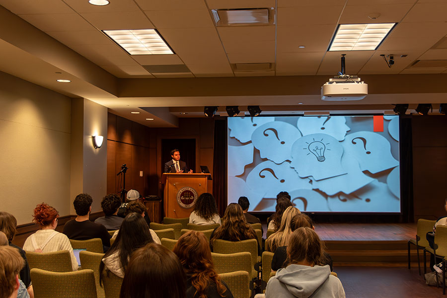 Taimur Shamil, a national security and foreign policy expert from Pakistan and based in New York, delivered the closing keynote address at the 12th annual SAMCS Conference Friday, Jan. 30, at The Globe Auditorium. (Jalisa Redding/Center for Global Engagement)