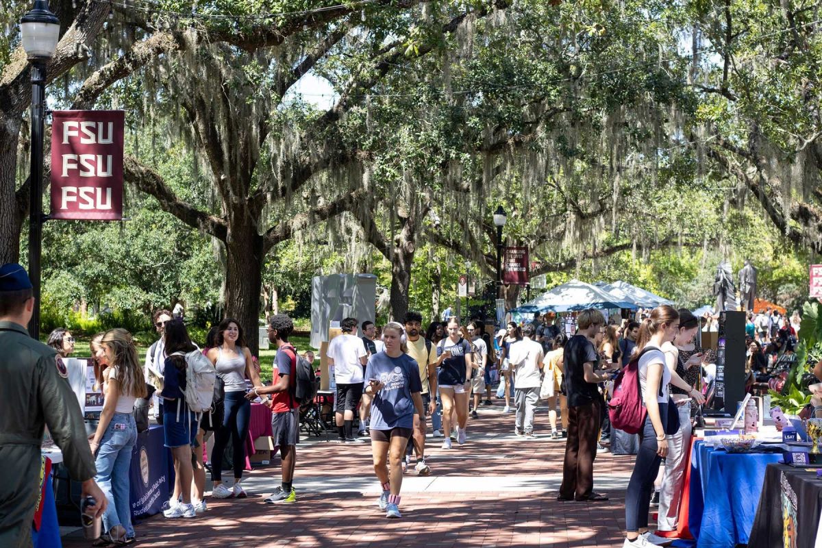 FSU students stroll down Legacy Walk under the live oak trees on campus.