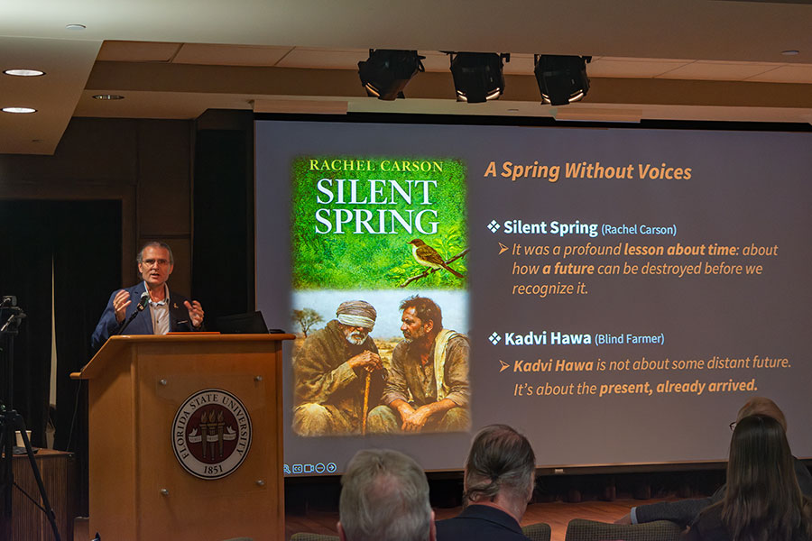 Michael R. Ogden, dean emeritus of the College of Humanities and Social Sciences at Zayed University in Dubai, delivered the opening keynote address at the 12th annual SAMCS Conference Thursday, Jan. 29, at The Globe Auditorium. (Jalisa Redding/Center for Global Engagement)
