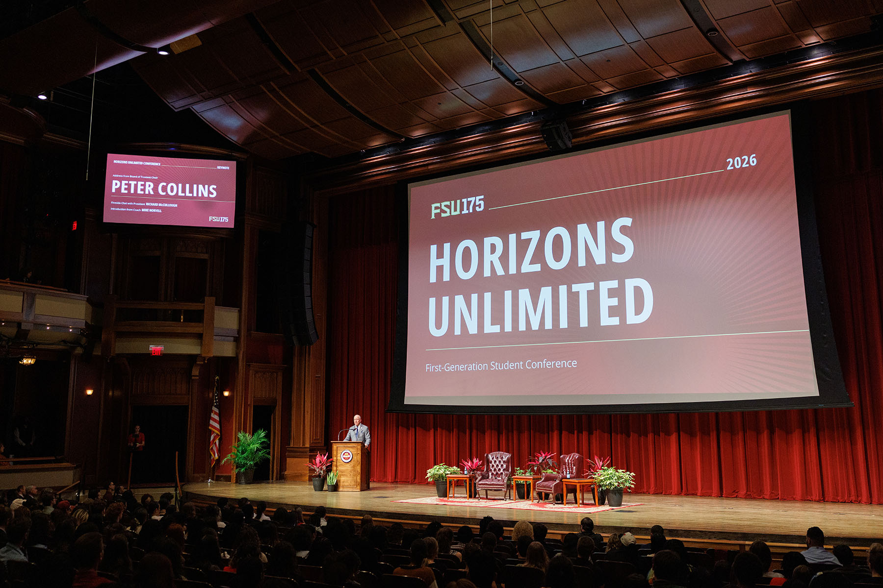 FSU Board of Trustees Chairman Peter Collins stands on stage in Ruby Diamond Concert Hall to deliver the keynote address to first-generations students