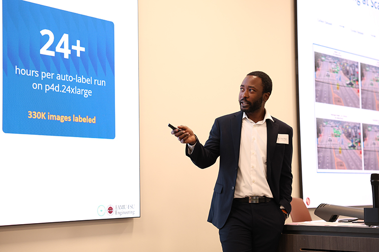 A man standing at a lectern gives a presentation. The screen behind him reads “24+ hours per auto-label run on p4d.24xlarge. 330K images labeled.”