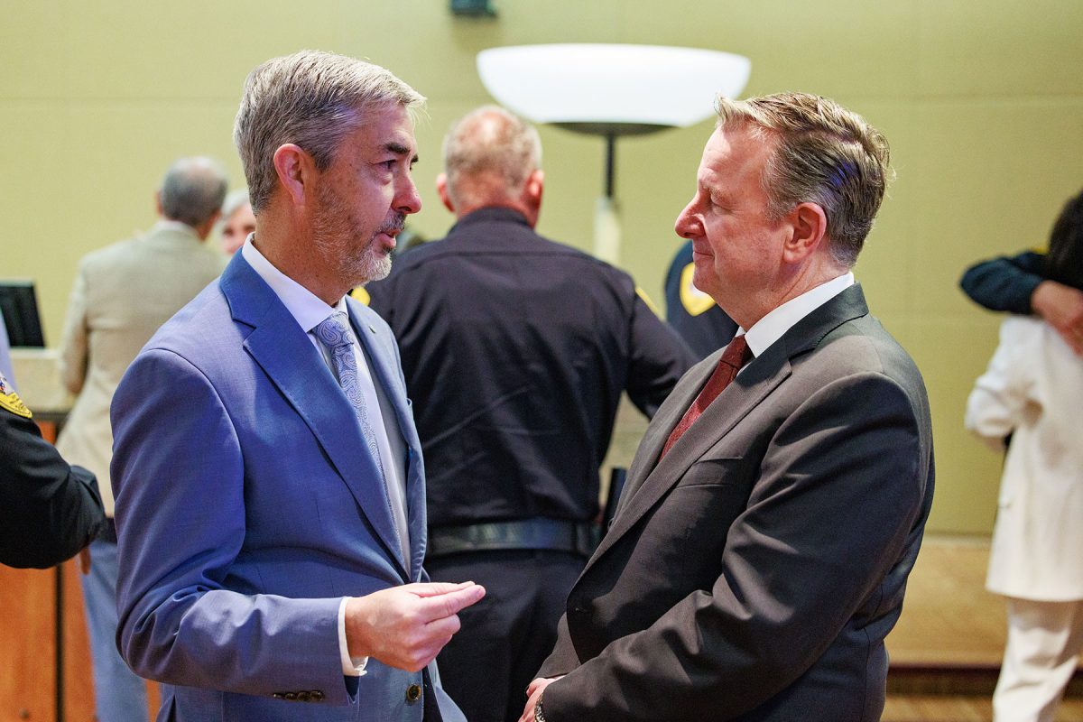Tallahassee City Manager Reese Goad and FSU President Richard McCullough speak before the City Commission's special hearing on March 11, 2026, to vote on transferring the city-owned Tallahassee Memorial HealthCare and assets to Florida State University. (Bill Lax/FSU Photography)