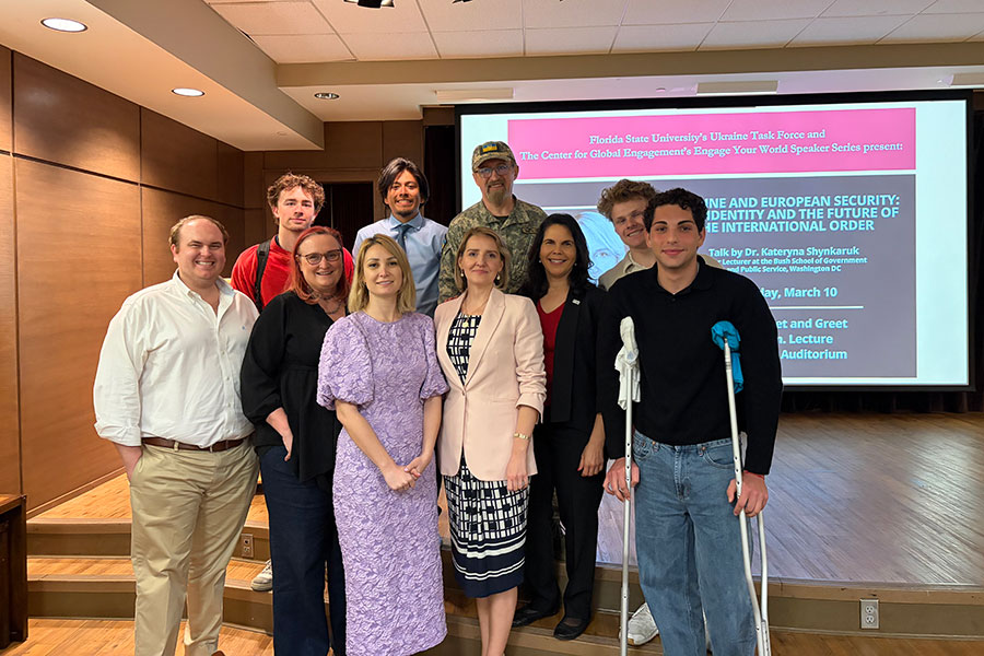 Kateryna Shynkaruk, a senior lecturer at Texas A&M’s Bush School of Government and Public Service in Washington D.C. and nonresident scholar at the Carnegie Endowment for International Peace, with FSU students, faculty and staff following her lecture Tuesday, March 10, 2026. (Vilma Fuentes/LSI)
