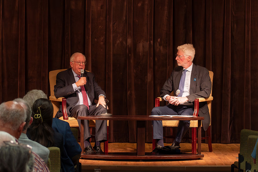 Ambassador Thomas A. Shannon (left), the former Under Secretary of State for Political Affairs, sits down with Mark Schlakman (right), the Senior Program Director for the FSU Center for the Advancement of Human Rights, for a question-and-answer session following his lecture Thursday, March 26, at The Globe Auditorium. (Jalisa Redding/Center for Global Engagement)