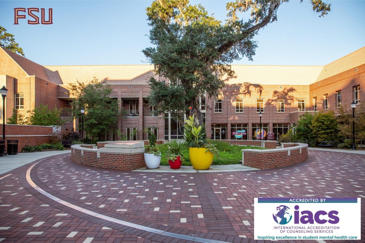 The courtyard of FSU's Askew Student Life Center which houses Counseling & Psychological Services