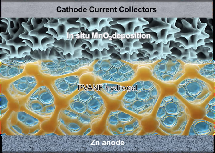 A diagram showing the battery developed by Wang and Andrei. The diagram has four layers, from top to bottom: Cathode Current Collectors, In-situ MnO2 deposition, PVANF hydrogel, Zinc anode.